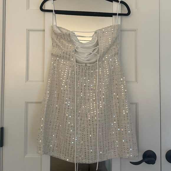 Lulus Luxe Mentality Ivory Tweed Sequin Strapless Lace-Up Mini Dress, Size Med - Picture 5 of 5